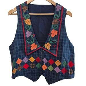 Vintage 90s Handmade Vest Women Large Blue Button Plaid Fall Preppy Granny Retro